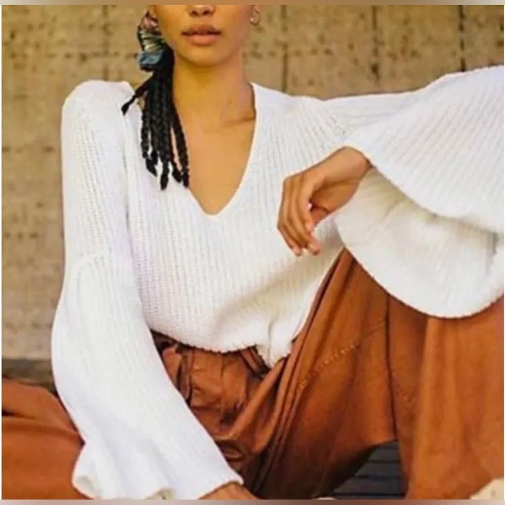 Free People Damsel Bell Sleeve Knit Sweater-White